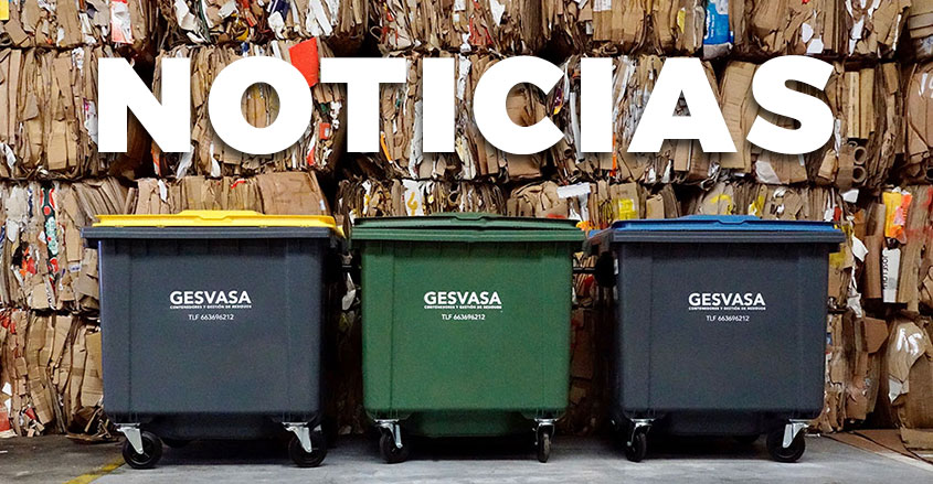 Imagen reciclaje cartón en Gesvasa con texto noticias de fondo